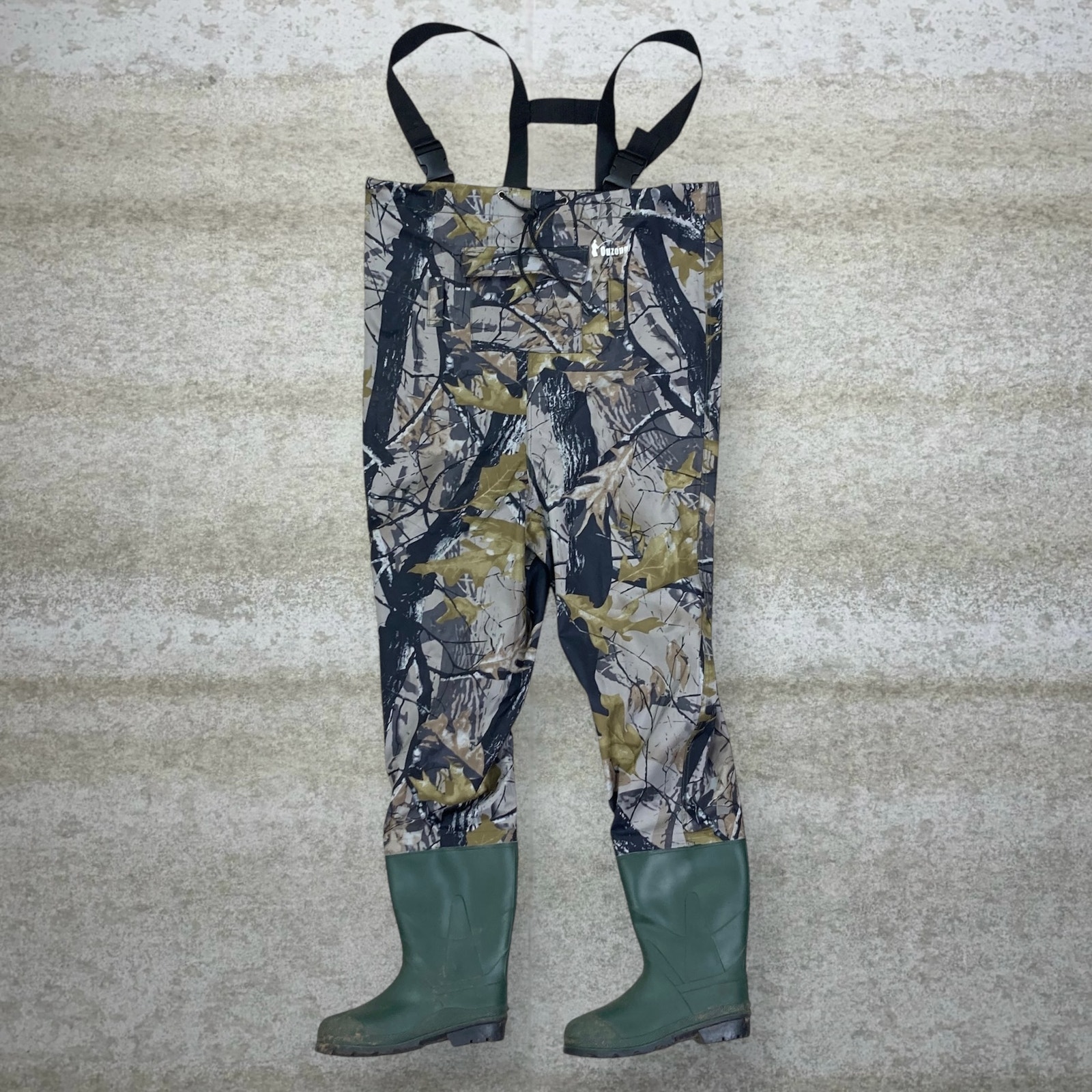 Vintage 90s Hunting Camo Waders Overalls 38x30 Green Rubber Boots Waterproof